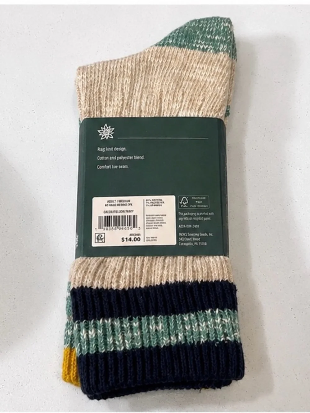 Alpine Design Rag Knit Crew Socks 2 Pair Pack Green, Navy, Yellow Size Medium (M